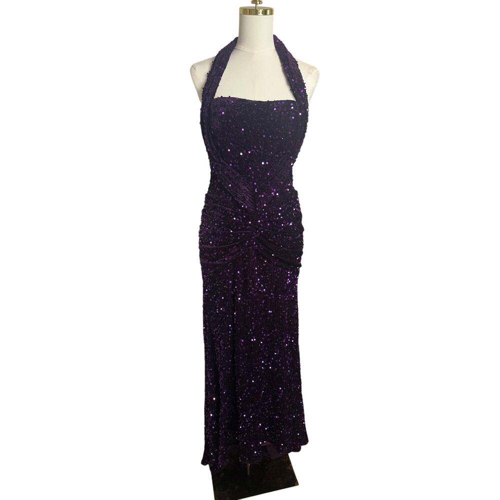 Purple Velvet Sequin Halter Gown – Corset Back – NWT – Size 8
